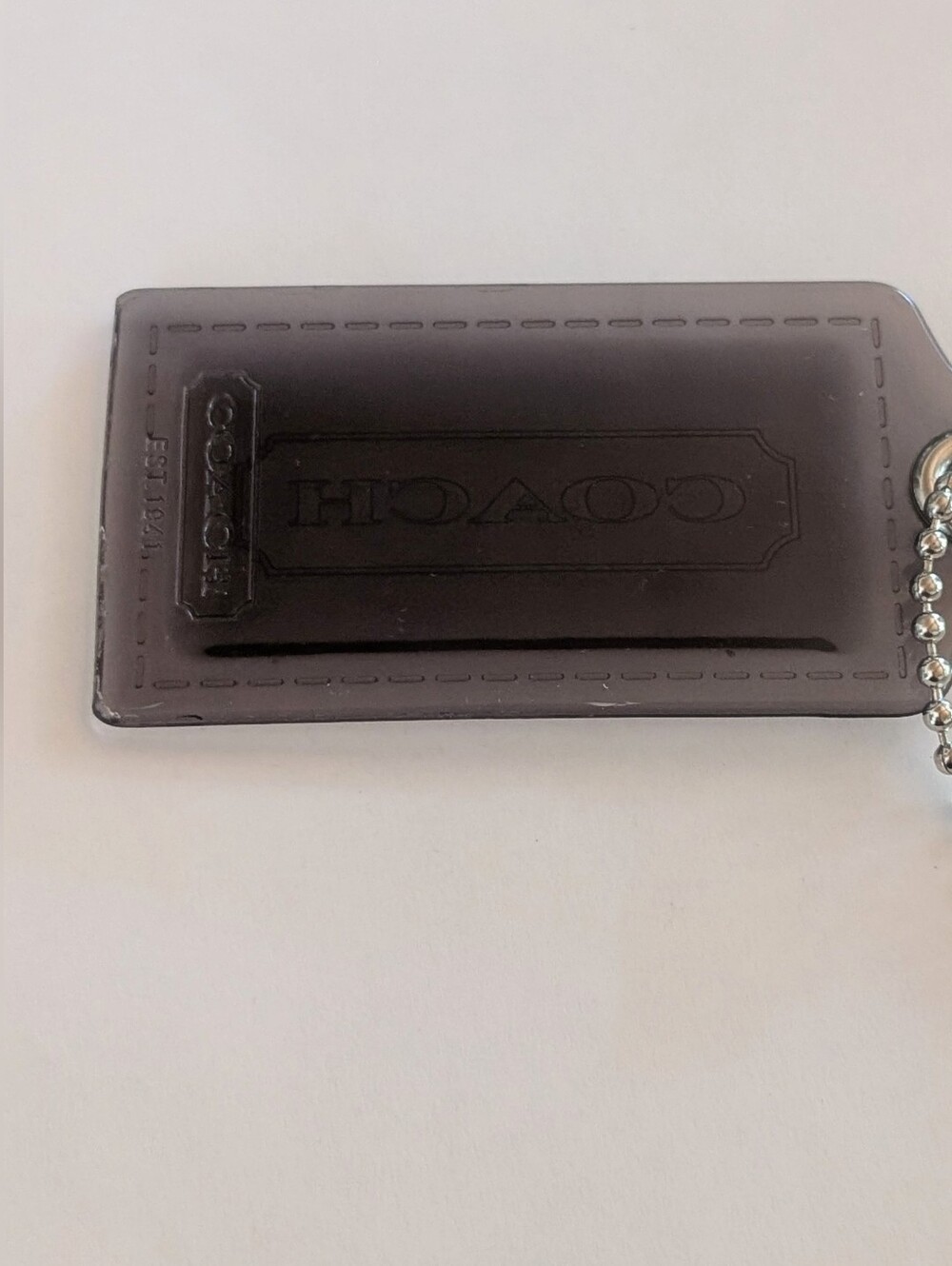 Coach Charcoal Gray Embossed Logo Acrylic 3.5" Key Tag Bag Charm  Ball Chain - Picture 3 of 3